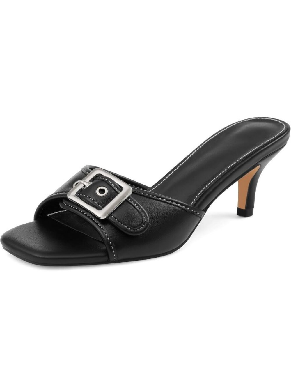 Women's Black Rubber Square Open Toe Low Heel Comfortable Slip On Office Heel